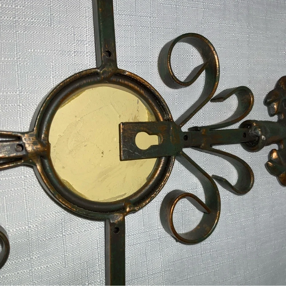 Bronze Wrought Iron Large Heavy Fleur De Lis Cross Ready To Hang 19” X 14”